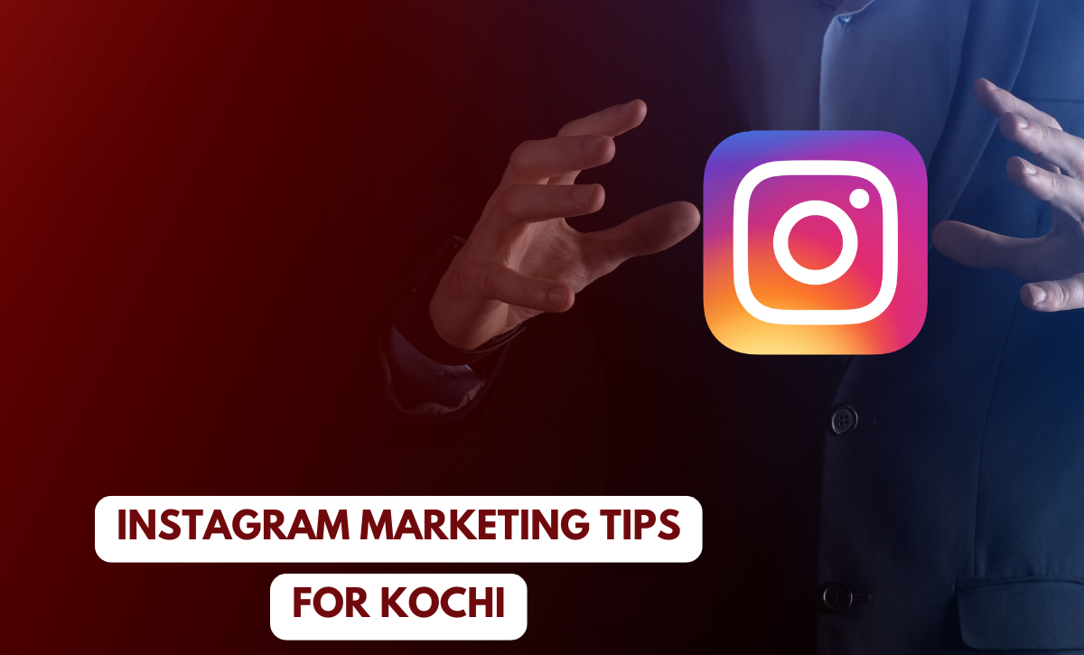 A businessman in a dark suit stands behind an Instagram logo with his hands positioned as if holding it. The background features a gradient red color, and the text on the image reads 'Instagram Marketing Tips for Kochi.' The image also includes the website address '@upswingdigital.in' in the bottom right corner.