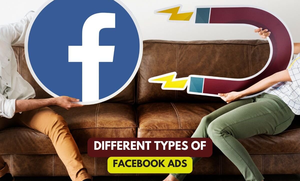 two people are sitting on a brown leather couch. One person holds a large circular sign with the Facebook logo, and the other holds a large illustration of a magnet with lightning bolts. Text on the image reads "Different Types of Facebook Ads" with the handle "@upswingdigital.in" at the bottom right.