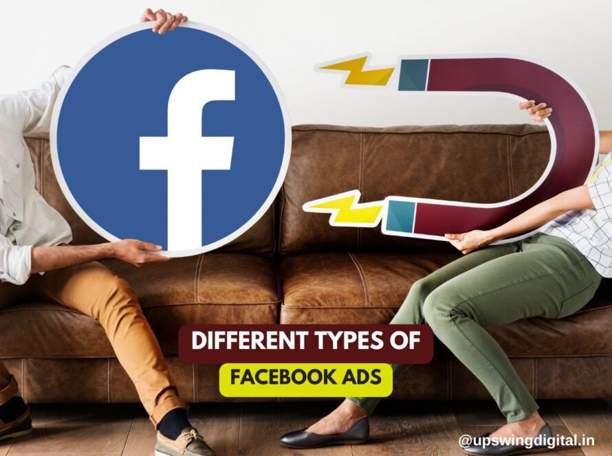 two people are sitting on a brown leather couch. One person holds a large circular sign with the Facebook logo, and the other holds a large illustration of a magnet with lightning bolts. Text on the image reads "Different Types of Facebook Ads" with the handle "@upswingdigital.in" at the bottom right.