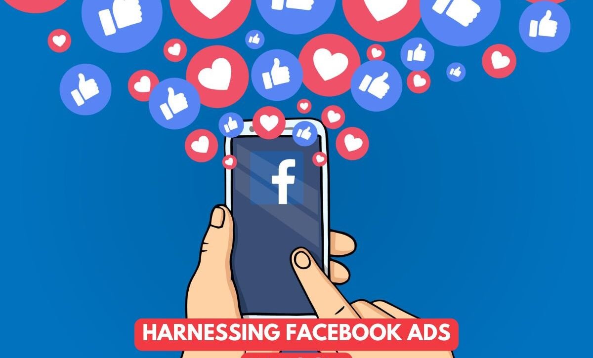 Illustration of a person holding a smartphone with the Facebook logo on the screen. Surrounding the phone are floating icons of thumbs-up and hearts, symbolizing likes and loves. The text "Harnessing Facebook Ads in Kochi" is prominently displayed at the bottom. The image is credited to @upswingdigital.in.