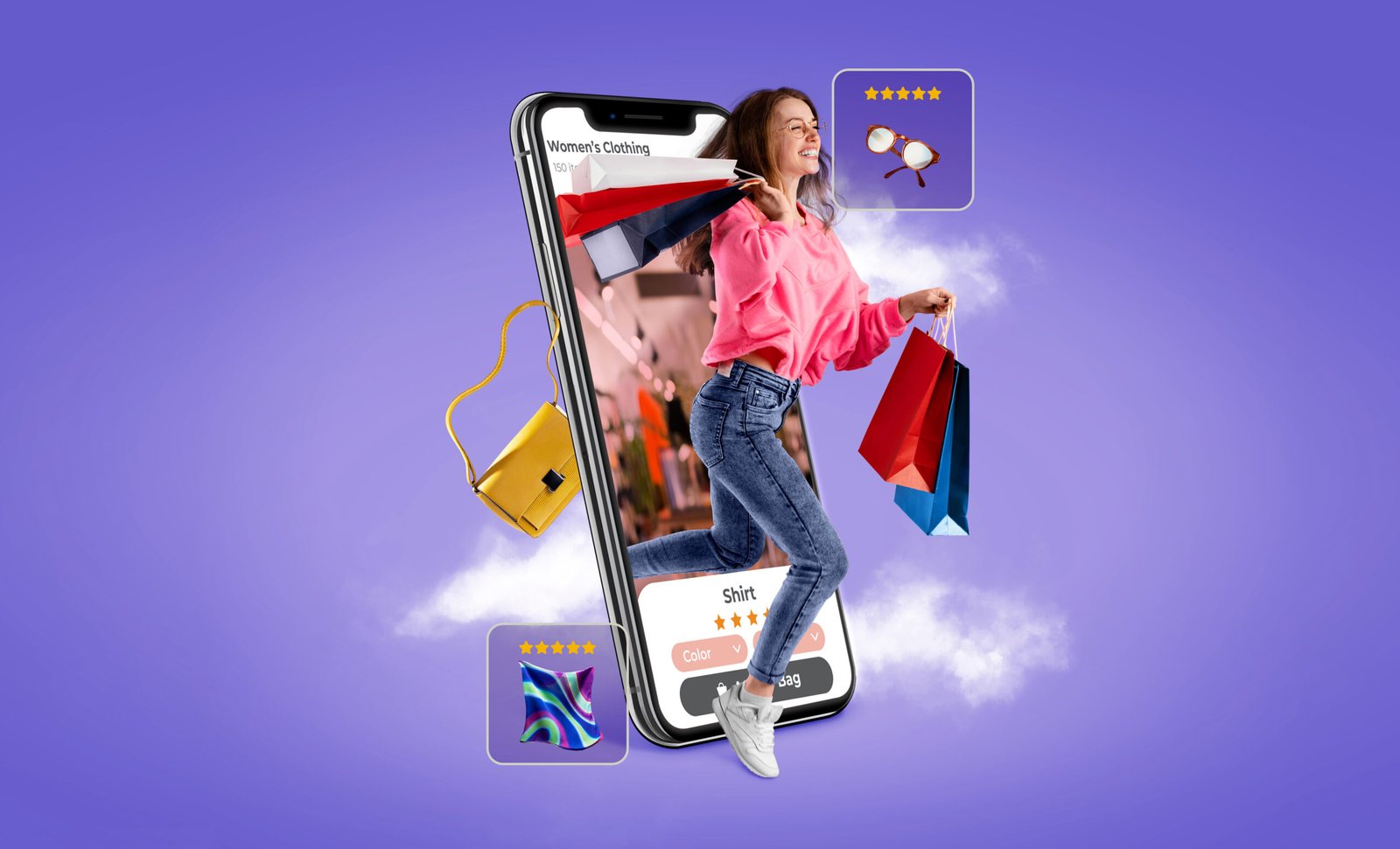 A vibrant conceptual image illustrating modern e-commerce, where a young woman carrying shopping bags joyfully emerges from a smartphone screen displaying an online clothing store. Floating around her are high-rated product icons like sunglasses, a handbag, and a patterned scarf. This visually represents digital shopping experiences and highlights the importance of strong SEO strategies for e-commerce to attract and engage customers online.