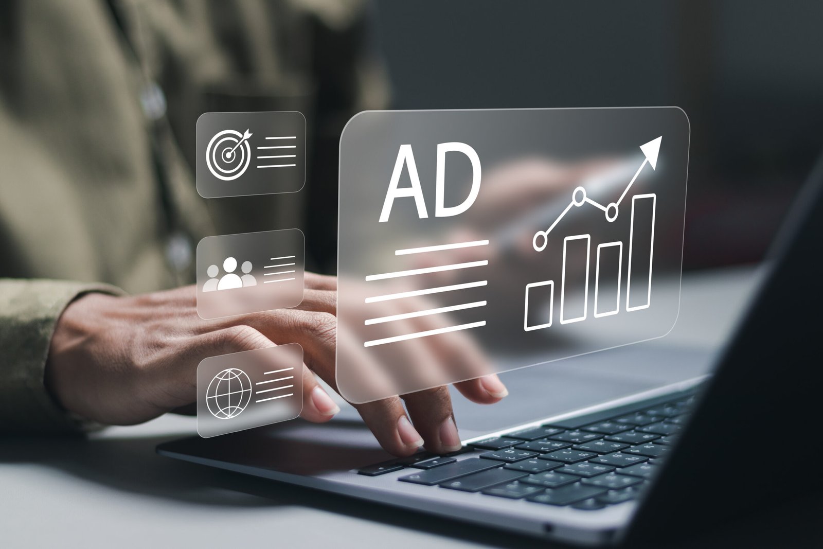 A person working on a laptop with digital marketing icons overlaid, including a growth chart, target audience symbol, and the word “AD,” symbolizing campaign performance. The image represents strategic planning and execution of Google Ads that convert, focusing on effective targeting, global reach, and measurable results.