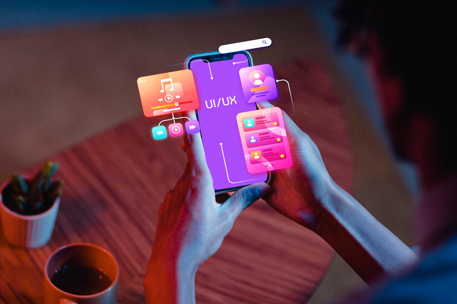 Person holding a smartphone displaying a vibrant UI/UX interface, surrounded by floating app icons and digital elements, representing Mobile-First Website Design focused on intuitive navigation, responsive layouts, and optimized user experience for mobile users.