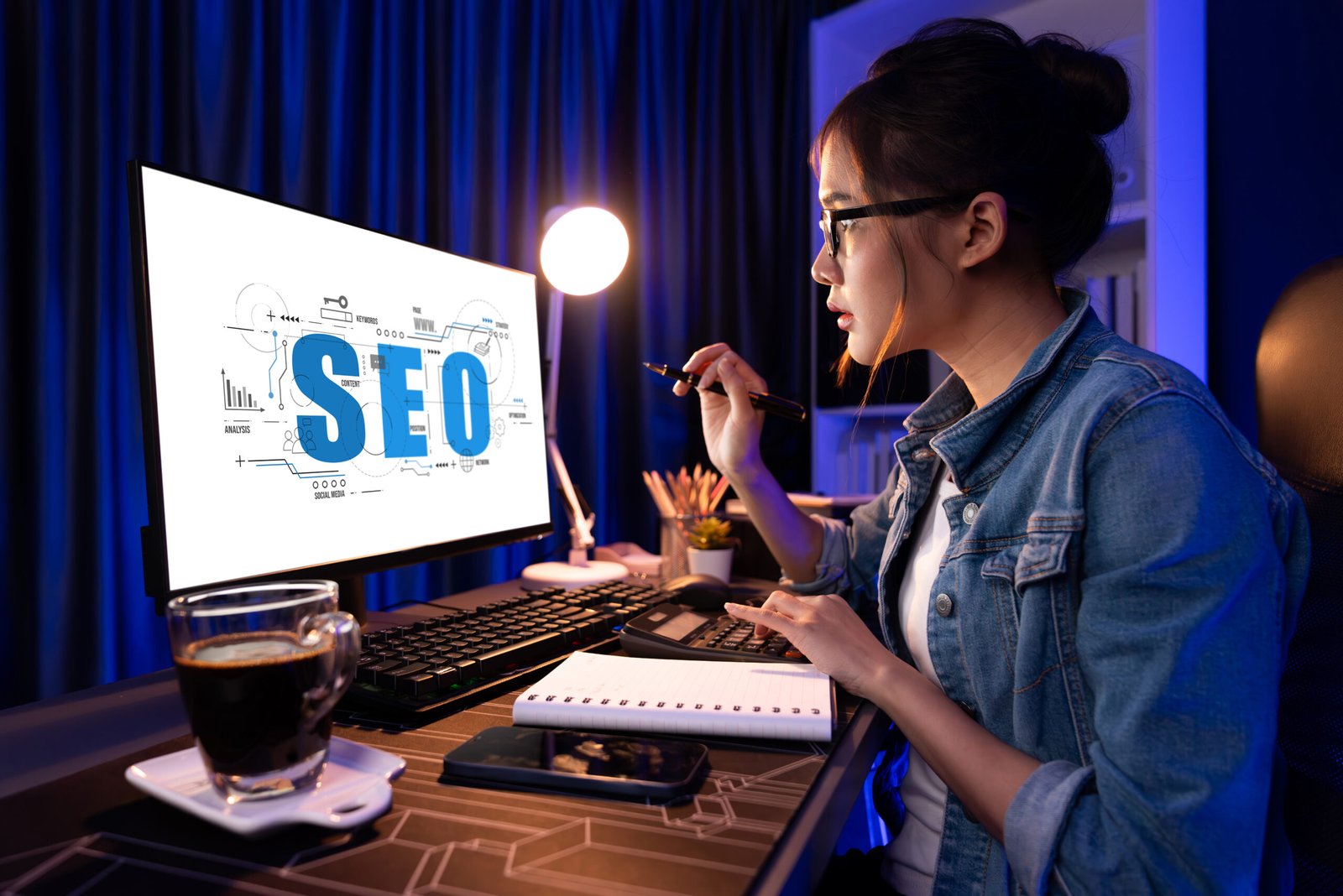 Woman working on a desktop computer displaying the words "SEO" with digital graphics, representing SEO strategies for boosting online visibility, website traffic, and e-commerce success.