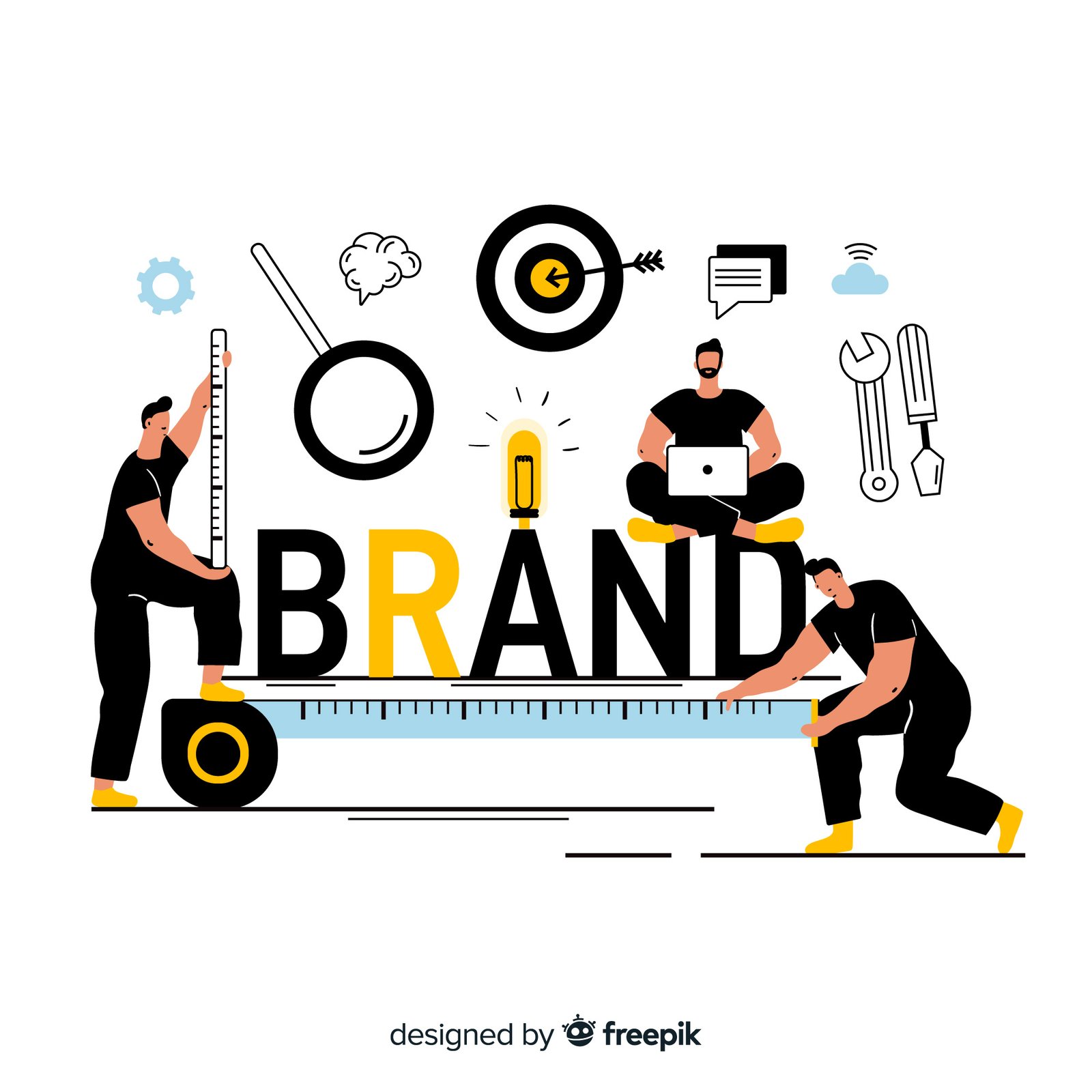 Illustration of a creative team working together to build a brand, showing people measuring, designing, and assembling the word “Brand” with strategy and tools.