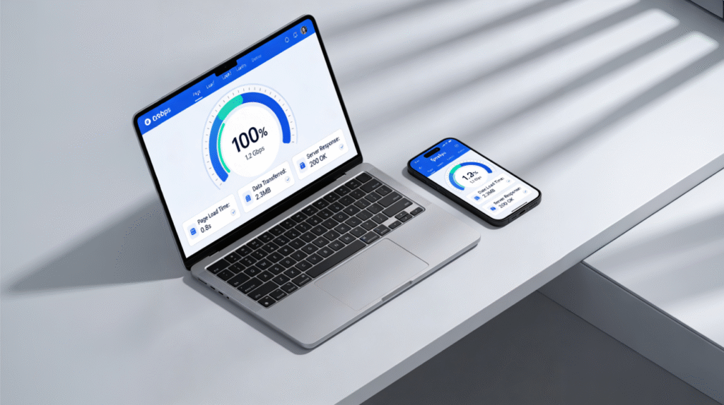 Website speed optimisation dashboard showing fast page load time, Core Web Vitals performance, and improved SEO and conversion metrics on desktop and mobile devices.